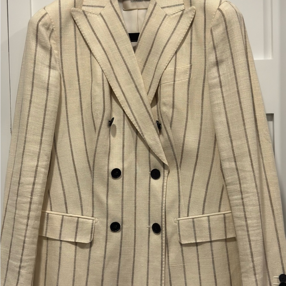 Suistudio cream colored pinstriped double-breasted blazer